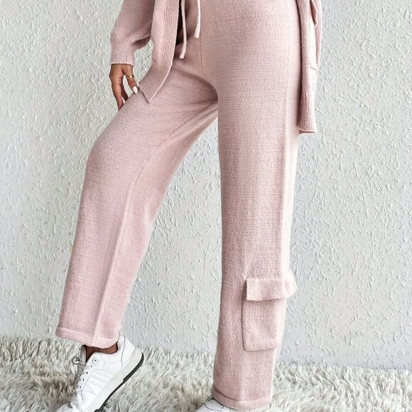 Pink Casual Womens Drop Shoulder Cardigan & Tie Front Knit Pants - Picture 5 of 6